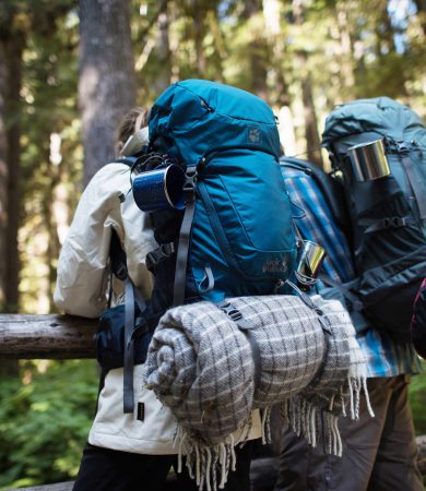 backpacking couple woods bag